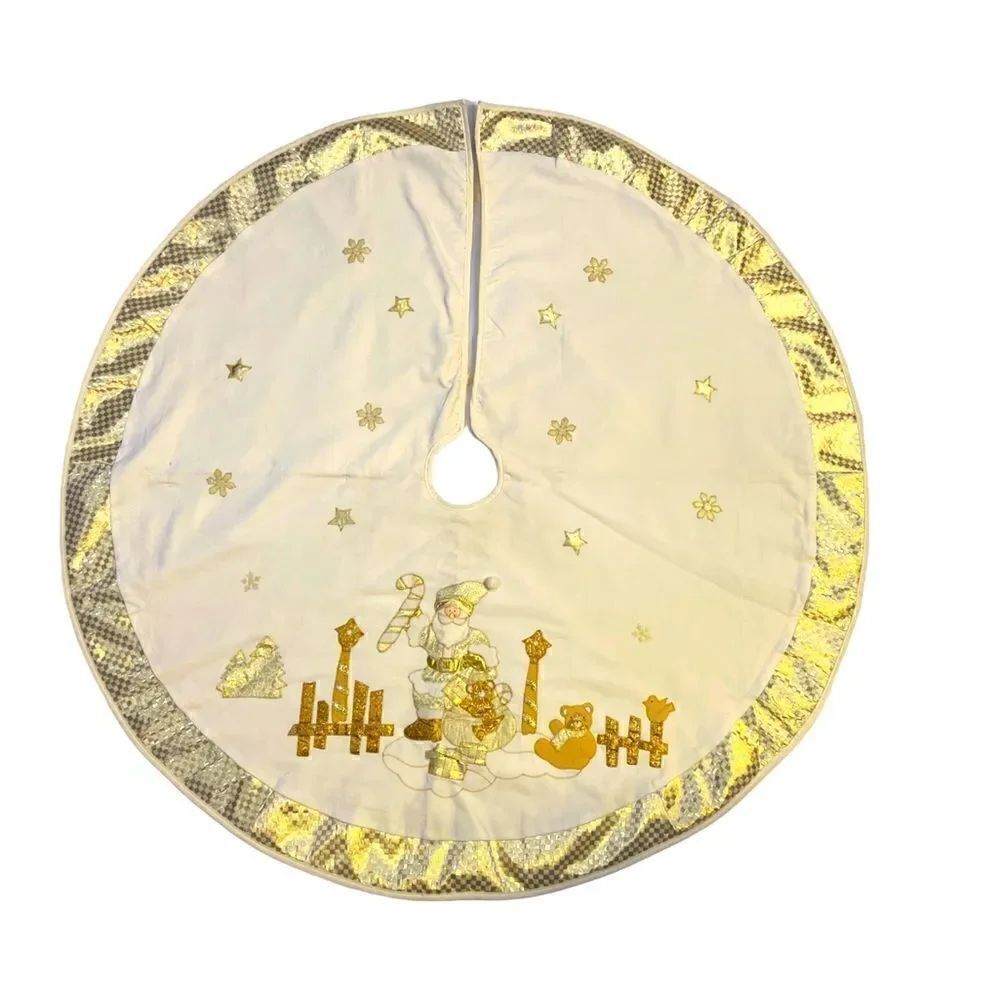 NWOT Beautiful Cream and Gold Christmas Tree Skirt 43” Santa and Snow Flakes